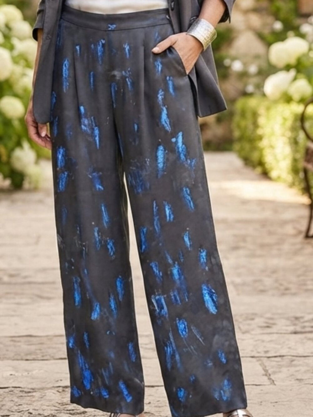 Jones New York Silk Gray Size 12 Slacks Pants Trousers Handdpainted Blue